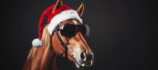 Humorous Scene of a Reindeer Dressed as Santa with Sunglasses, Posing on a Grey Background