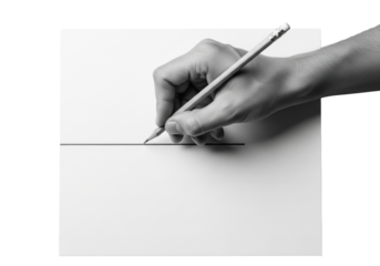 A detailed mid-tone hand with a graphite pencil drawing a sharp straight black line on transparent paper, flat lay, high-key studio lighting, vector-like crispness. Concept of precision and