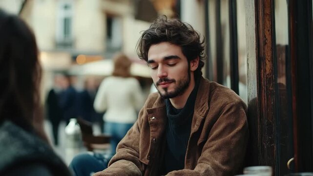 Serene Coffee Break: A contemplative individual finds respite at a caf&eacute;, lost in thought as he takes a moment to pause from daily routine. 