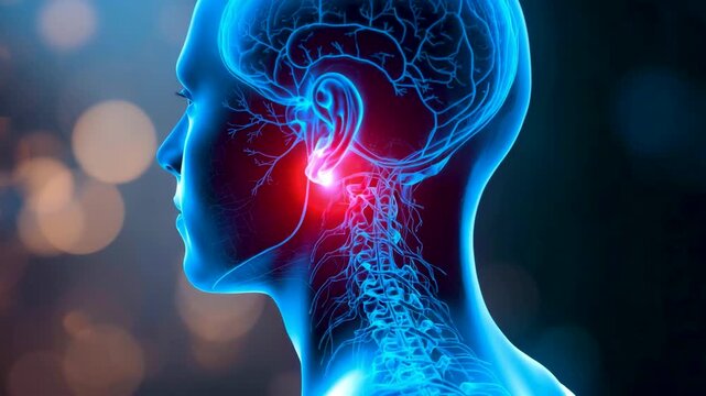 Side view of a human head showing blue anatomical structures with a bright red glowing area near the ear against a blurred backdrop