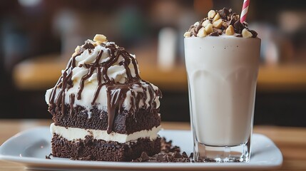 Brownie and milkshake pairing sweet indulgence nostalgic vibes on hotel sitting