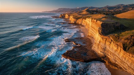 Dramatic drone shot of a coastal cliffside waves crashing below scenic landscape with golden sunset reflections