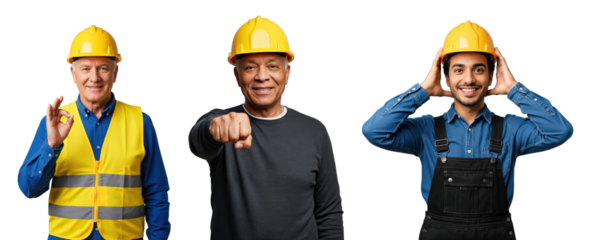 Diverse group of three male construction workers, including senior, middle-aged, and young men, wearing yellow hard hats and work attire, smiling confidently on a transparent background.