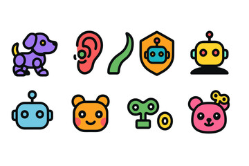 Obraz premium Technology and security flat icon set with colorful robot illustrations