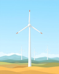 Wind Turbines on Rolling Hills Under Clear Blue Sky