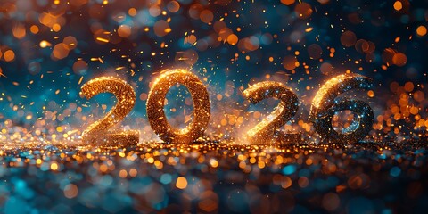 Panoramic 2026 New Year Celebration with Golden Sparkles and Bokeh Lights