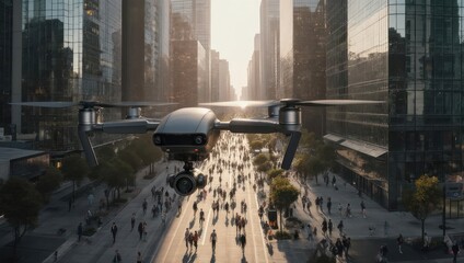 Futuristic Drone Taxi Flying Over Crowded City Street at Sunset.
