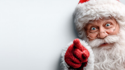 Smiling Santa Claus in glasses points forward with a playful expression on a white background with copy space. Christmas banner for advertising products, sales and discounts.