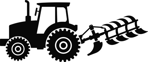 Heavy farm tractor vehicle silhouette pulling a plow or disc harrow tillage implement, agricultural machinery and farming equipment vector