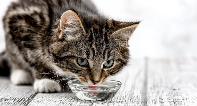 Domestic tabby cat drinking water from a glass bowl while standing on a wooden floor, close-up. - Powered by Adobe