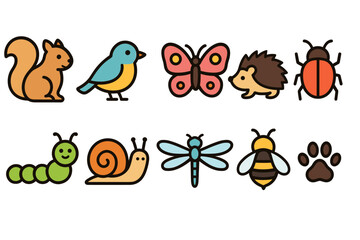 Animal outline icon set. Nature, critters, wildlife, insects, and forest animals collection