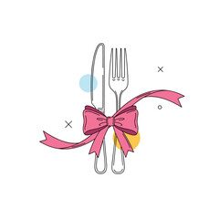 A knife and fork are tied together with a decorative pink ribbon and bow, symbolizing a special meal, gift, or celebration.