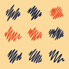 Obraz premium Nine abstract hand-drawn scribble patterns in blue and orange, arranged on a light yellow background, perfect for graphic design.