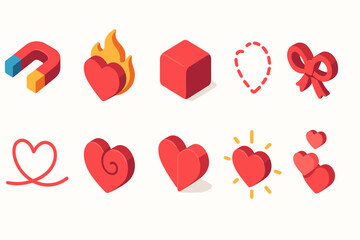 Heart emoticons 3d icon set. Love, romance, valentine symbols in 3d style.