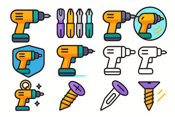 Fototapeta premium Tools and hardware filled icon set. Drill, screwdriver, fasteners filled icons collection