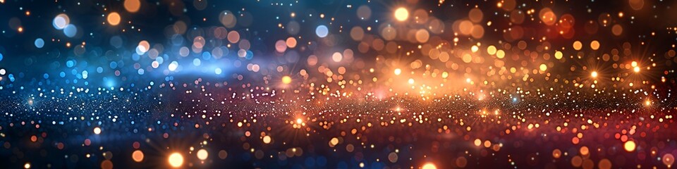 Panoramic view of cosmic dust and nebulae in vibrant hues of blue and orange, creating a stunning astronomical backdrop