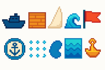 Naklejka premium Nautical, marine pixel icon set for sailing, anchors, waves, and boats