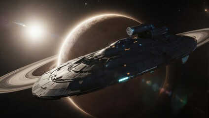 Futuristic Spaceship Navigating Through a Ringed Planet System.