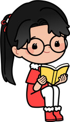 girl in santa outfit reading book