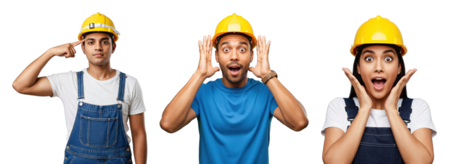 Young adult Indian man in yellow hard hat and denim overalls pointing to his temple, showing intelligence or deep thought on a transparent background.