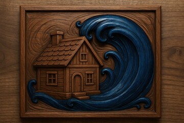 Fototapeta premium Wooden carved house threatened by a large wave wood carving