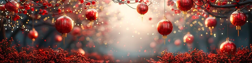 Panoramic View of a Festive Red Lanterns Illuminated Forest at Night