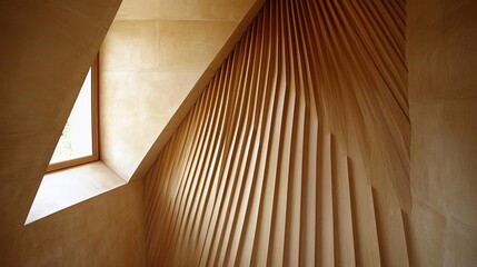 Obraz premium Modern interior with angular window and textured wooden wall, showcasing creative architecture