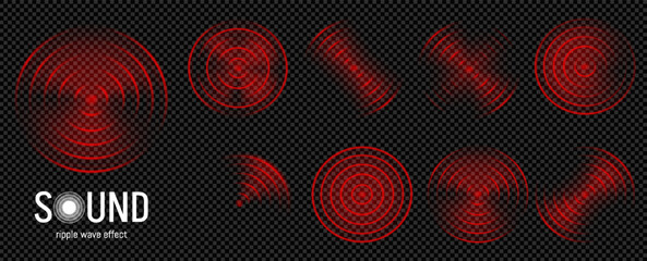 Red wifi sensor effect. Sonar wave aim and ripple scope mark. Scan radar alarm on radio pulse sign set. Hud tech overlay for game or abstract network with concentric ring focus transparent background
