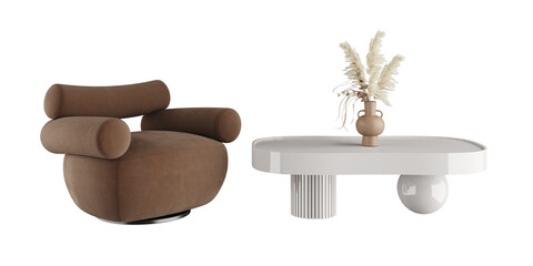 Modern Brown Armchair with White Sculptural Coffee Table and Decorative Vase – Perspective View – Isolated PNG Furniture for Contemporary Interiors