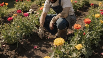 Gardener planting colorful flowers in a sunny garden bed.