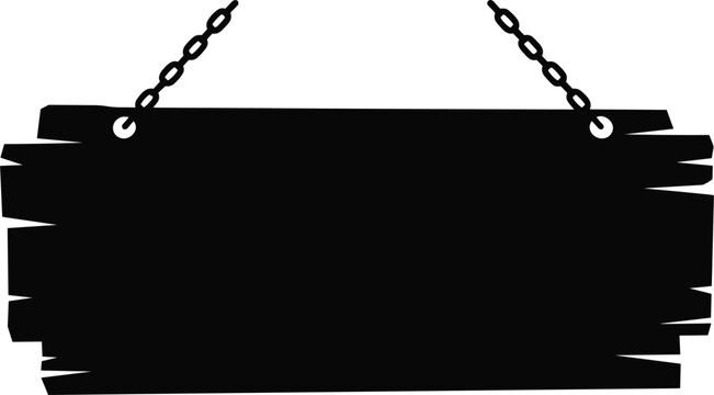 Blank wooden plank sign board silhouette hanging from metal chains, rustic empty banner template for announcement or display, advertising vector