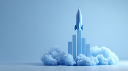 Blue 3D rocket launching from bar chart clouds representing business startup growth