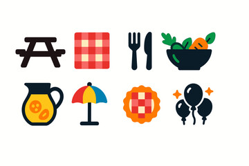 Fototapeta premium Picnic, outdoor party flat icon set. Barbecue, summer festival icons flat collection