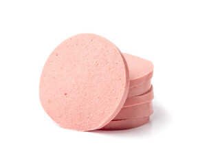 Mortadella Slice Isolated, Luncheon Meat Cut, Chicken Ham, Boiled Sausage for Breakfast