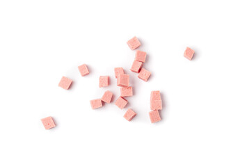 Diced Mortadella Slice Isolated, Luncheon Meat Cut, Chicken Ham Cubes, Boiled Sausage for Breakfast