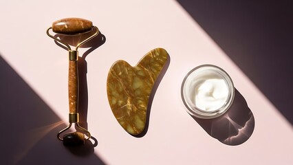 Skincare tools and cream on a pink background with shadows