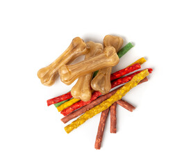 Rawhide bones, collagen dog chew food, pressed dry kibble, natural long-lasting canine treats