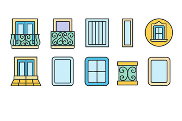 Window and balcony icon set. Decorative outline icons for architecture and design.