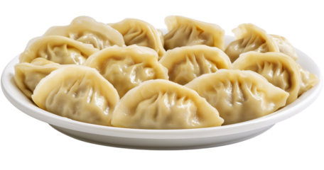 A white plate filled with a generous serving of steamed Chinese dumplings isolated on a transparent background