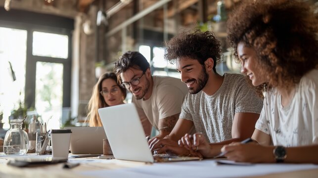 Group of friends working on a laptop in a modern cafe during the day - Powered by Adobe