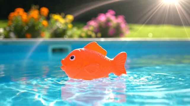 Orange toy fish float bright blue pool water summer day sunlight reflection playful theme