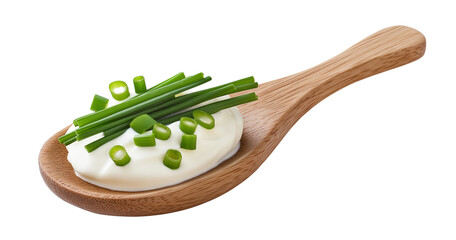 Wooden spoon with creamy white sour cream and chopped green onions isolated on a transparent background