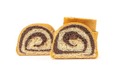 Poppy Seed Swiss Roll, Round Sponge Cake Isolated, Sliced Rolled Vanilla Biscuit with Poppy Seeds Filling