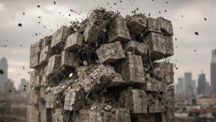 Giant Cube of Debris and Rubble in Urban Cityscape.