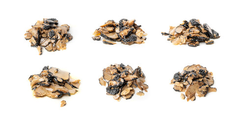 Truffle Slices Isolated, Tuber Melanosporum Mushroom Pieces in Oil, Canned Black Truffle
