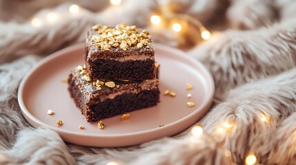 Brownies topped with edible gold flakes luxury dessert on peach plate on fluffy wool blanket with fairy lights around