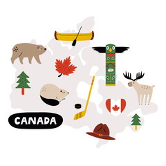 Canada Map with Cute Canadian Icons. Vector Illustration for Stickers, Posters, Travel Prints, Designs