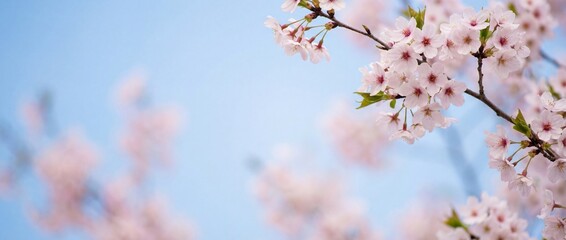 Obraz premium Spring Cherry Blossom Background Template with Soft Pink Flowers and Blue Sky for Poster Design Creating Pastel Seasonal Wallpaper. Panoramic bg