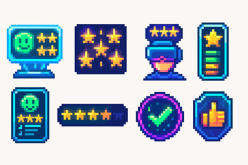 Rating and review pixel icon set. Game, feedback, star, approval icons pixel collection