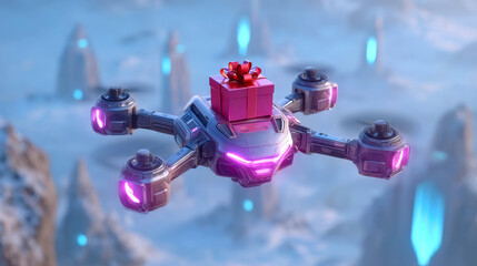 Futuristic neon lit drone delivering holographic gift with glowing purple lights in icy alien landscape, festive atmosphere